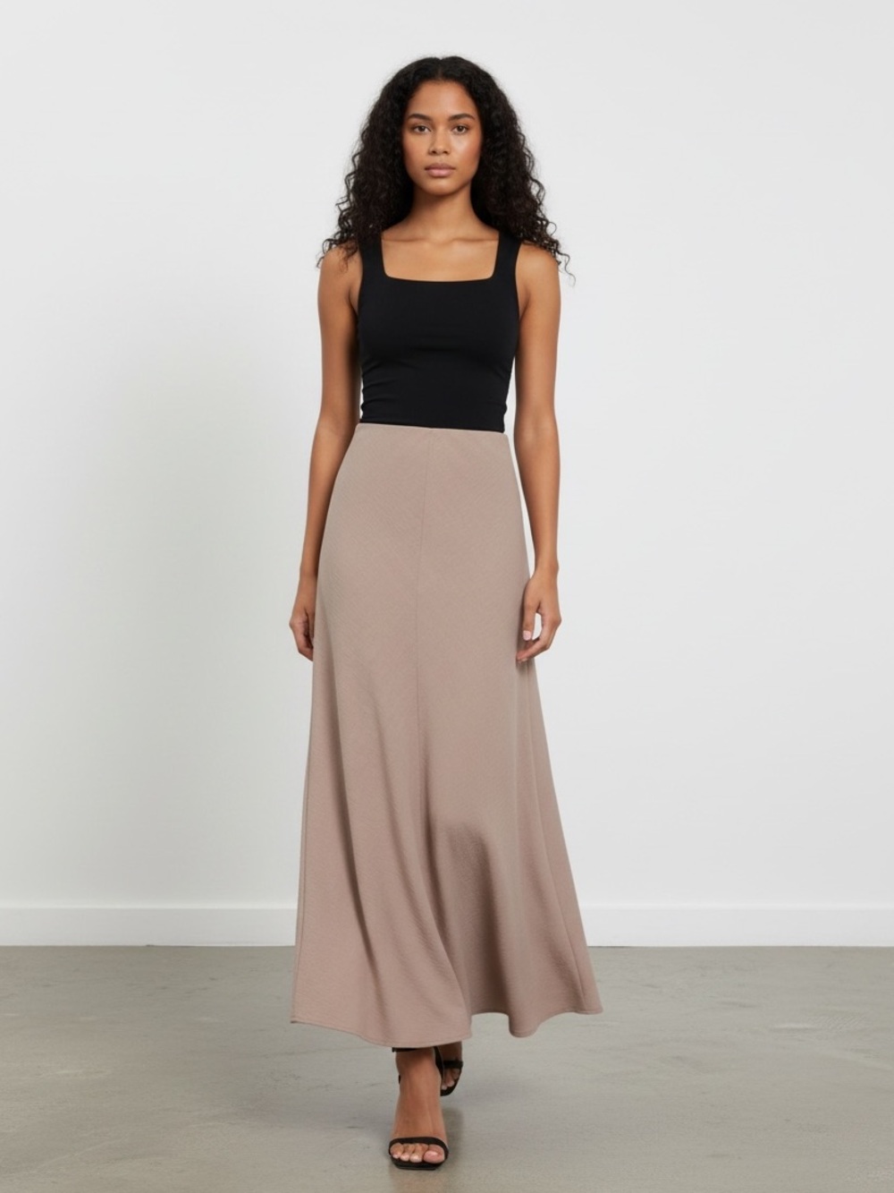 1387 • Taupe Woven Summer-Weight Bias Cut Stretch Waist Long Flare Skirt